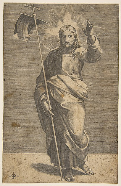 Christ standing facing forward holding a cross with a banner, Poster Print Wall Art