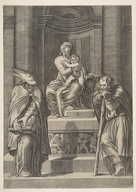 Saint Joseph at left and a bishop at right standing before the, Poster Print Wall Art