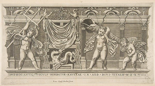 Three cupids in front of a facade with pilasters one holding,16x12"(A3) Poster
