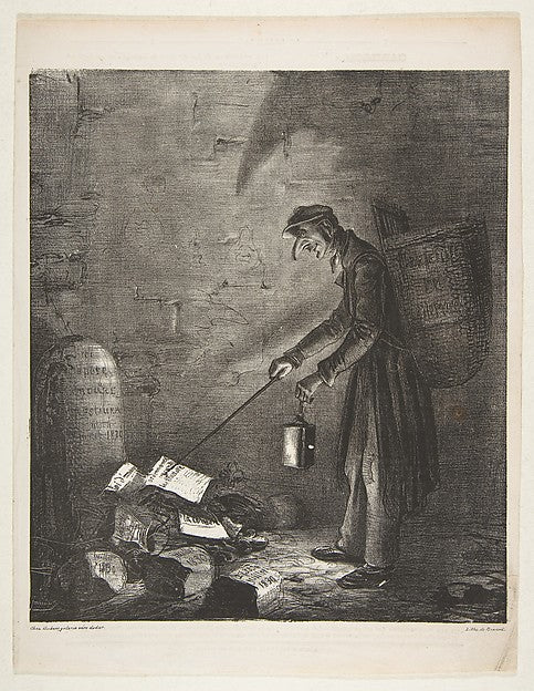 Masked Man using a Lantern to Collect Discarded Pamphlets by a,16x12"(A3)Poster
