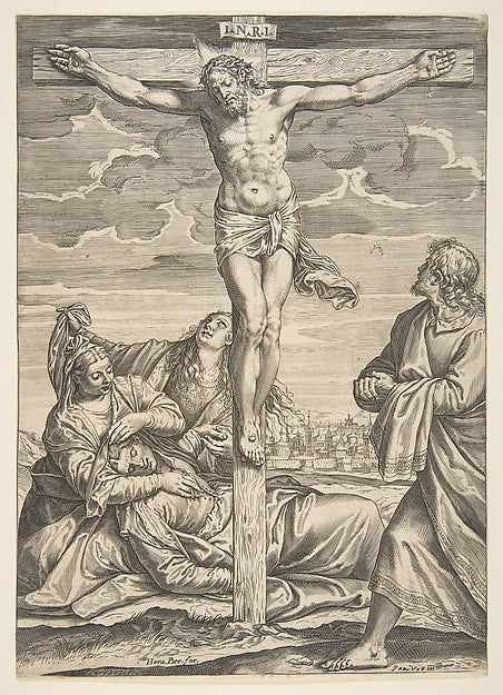 Christ on the cross Saint John to the right looking toward hi, Poster Print Wall Art