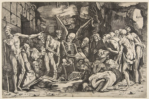 A group of emaciated men and women gathered around a skeleton,16x12"(A3)Poster