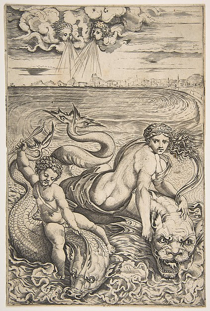 Venus and Cupid riding two sea creatures Cupid raising an arr,16x12"(A3) Poster
