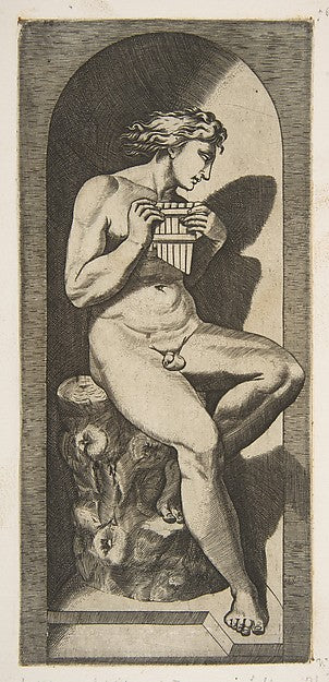 Olympus naked seated on a tree stump holding pipes set within,16x12"(A3) Poster