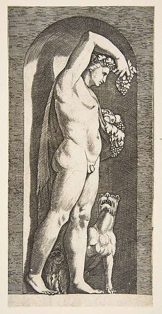Bacchus standing in a niche holding grapes in his raised right,16x12"(A3) Poster