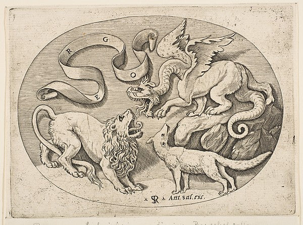 A lion dragon and fox fighting each other an inscribed bande,16x12"(A3) Poster