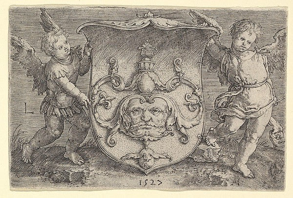 Coat of Arms with a Mask Held by Two Genii 1527-Lucas van Ley, Poster Print Wall Art