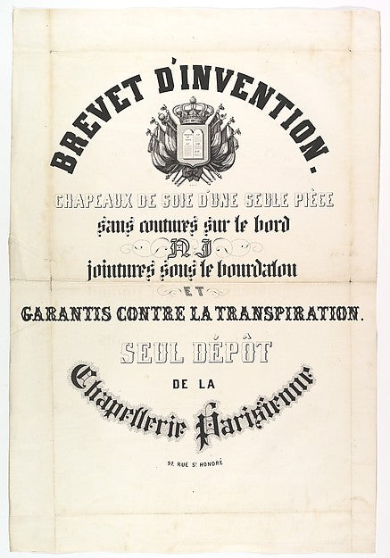 Brevet d'Invention. Chapeaux de soie d'une seule pièce... 19th,16x12"(A3)Poster