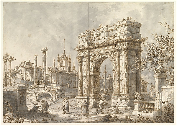 Capriccio with a Roman Triumphal Arch 1720-1730-Canaletto ,16x12"(A3) Poster
