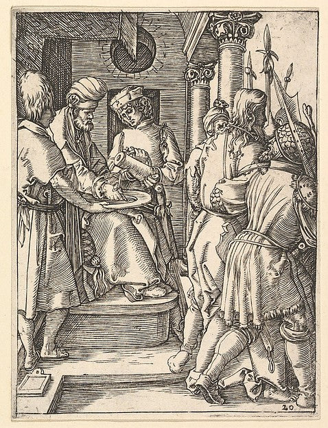 Pilate sitting on throne and washing hands while Christ is lea, Poster Print