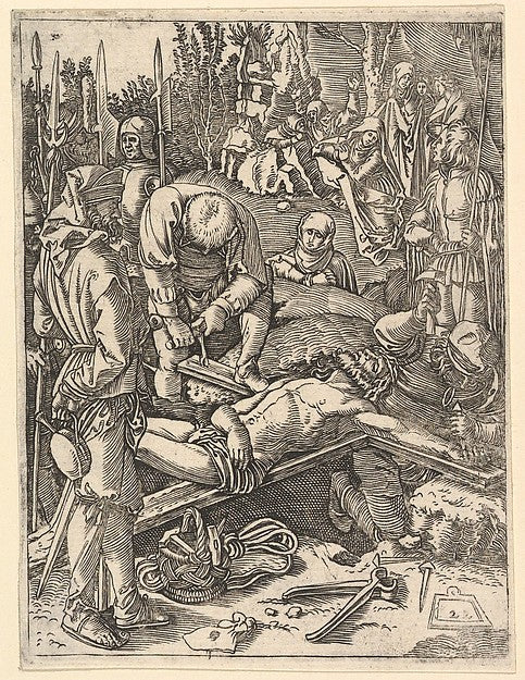 Two men nailing Christ to cross before onlookers after Dürer, Poster Print