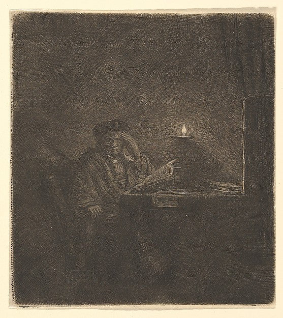 Student at a Table by Candlelight c1642-Rembrandt ,16x12"(A3)Poster