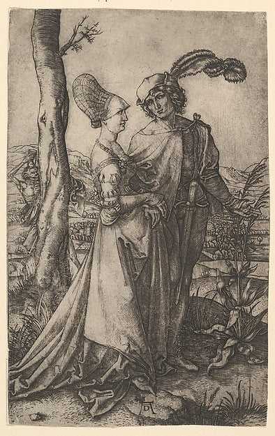 Lord and lady walking with figure of death hiding behind a tre, Poster Print