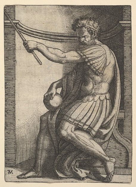 A Roman emperor sitting in a niche holding a sceptre in his ra,16x12"(A3) Poster