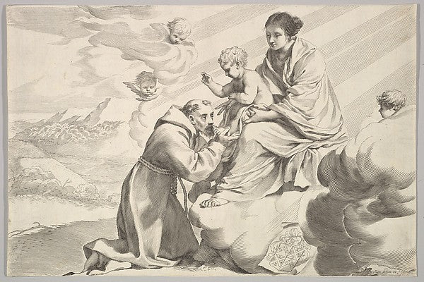 St Francis of Assisi Adoring the Christ Child on the Virgin's , Poster Print