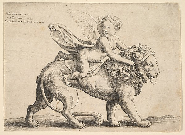Cupid on a lion 1652-Wenceslaus Hollar,After Giulio Romano, Poster Print Wall Art