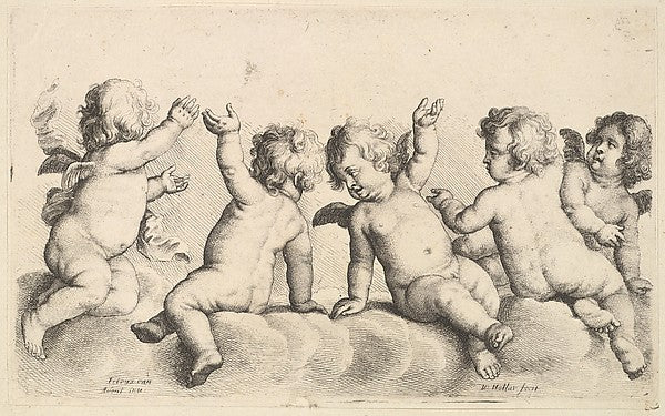 Three cherubs and two boys on clouds 1625–77-Wenceslaus Hollar, Poster Print Wall Art