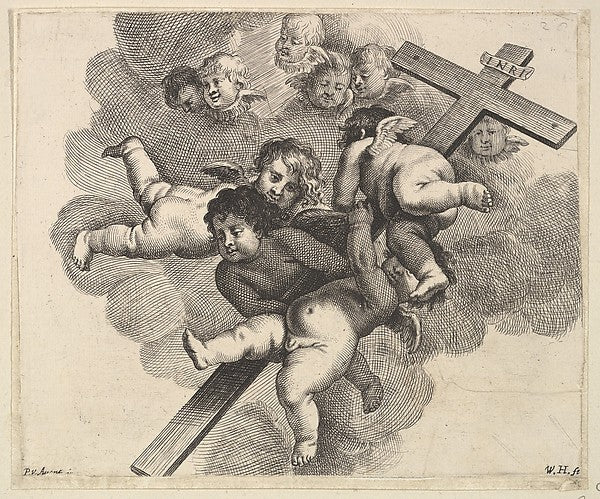 Four cherubs carrying a cross 1625–77-Wenceslaus Hollar, Poster Print Wall Art