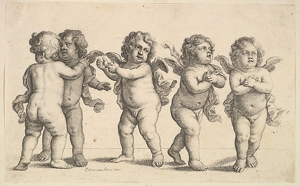 Four cherubs and a small boy standing 1625–77-Wenceslaus Holla, Poster Print Wall Art