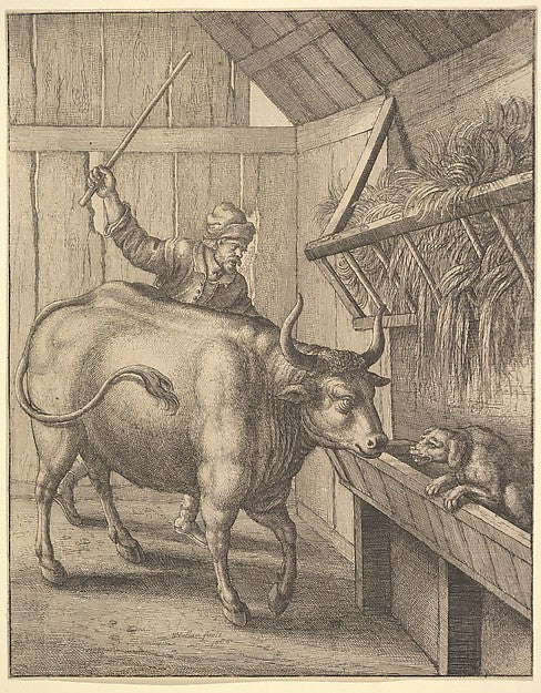 The dog in the manger from illustration to John Ogilby's 'Æsop, Poster Print Wall Art