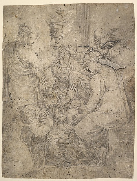The Christ Child in the Cradle surrounded by adoring figures c, Poster Print