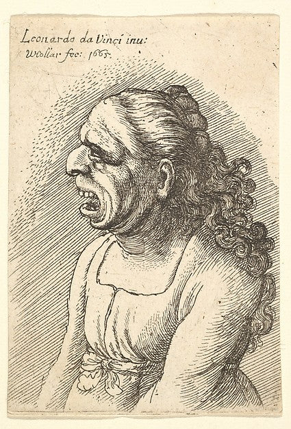 Bust of woman with wide-open mouth and long curly hair falling, Poster Print Wall Art