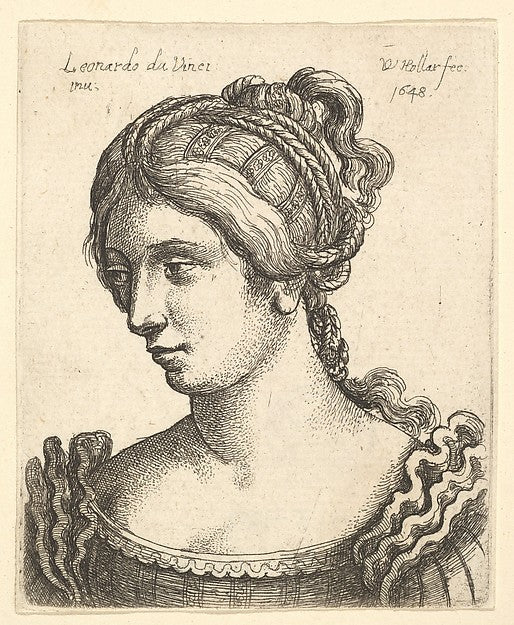 Bust of a woman looking downwards towards left with elaboratel, Poster Print Wall Art