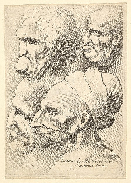 Four grotesque heads in profile to left 1625–77-After Leonardo, Poster Print Wall Art