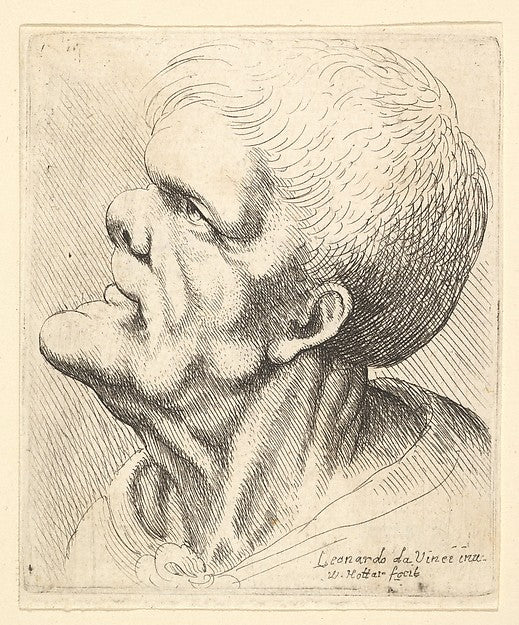 Head of a man with protruding chin and snub nose looking upwar, Poster Print Wall Art