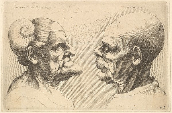 Two deformed heads facing each other 1625–77-After Leonardo da, Poster Print Wall Art