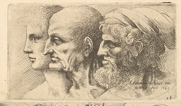 Row of three heads in profile to left 1645-After Leonardo da V, Poster Print Wall Art