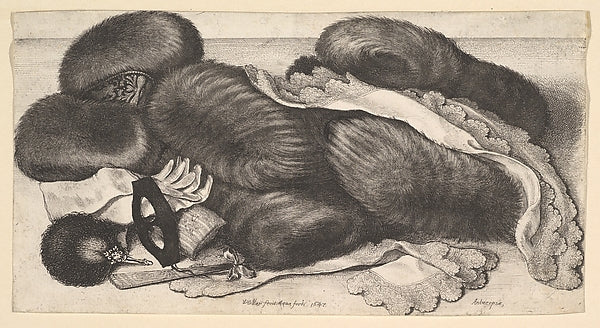 Still-life with a group of muffs a pair of gloves fans mask, Poster Print Wall Art