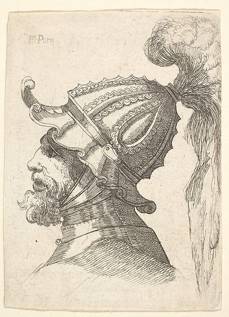 Helmeted head 17th cent-After Wenceslaus Hollar,After Parmigi, Poster Print Wall Art