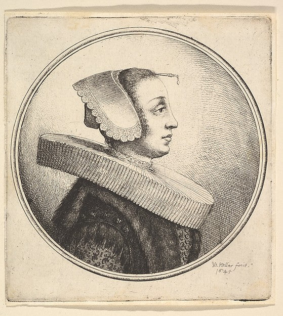 Woman with circular ruff bonnet and hair-pin in profile to r, Poster Print Wall Art