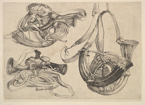 Seven hunting horns in three groupings 1625–77-Wenceslaus Holl, Poster Print Wall Art