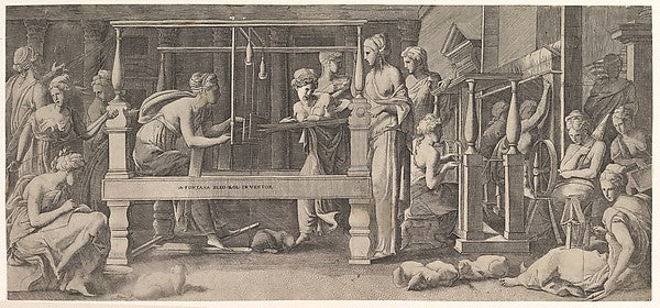 Women spinning weaving and sewing mid-16th cent-Master FG, Af, Poster Print Wall Art