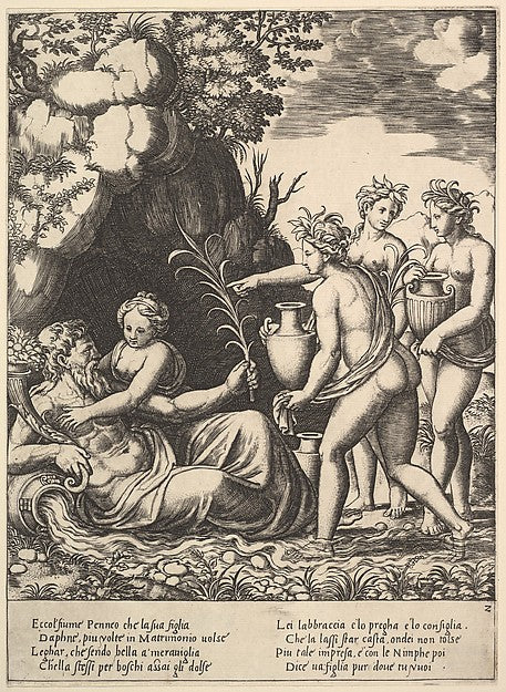 Daphne embracing her father the river-god Peneus at the left, Poster Print Wall Art