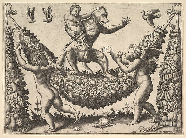 A monkey holding a bound putto standing on a garland in front ,16x12"(A3)Poster