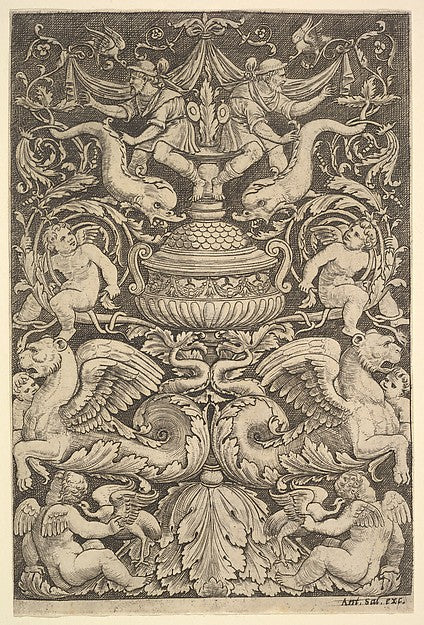A panel of ornament with a large jar in centre putti and othe,16x12"(A3)Poster