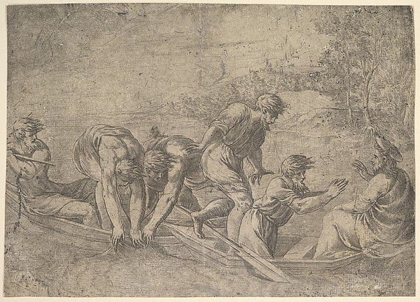 The miraculous draught of the fishes Christ at the right acco, Poster Print