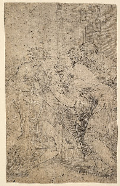 The return of the prodigal son who falls at his father's feet , Poster Print