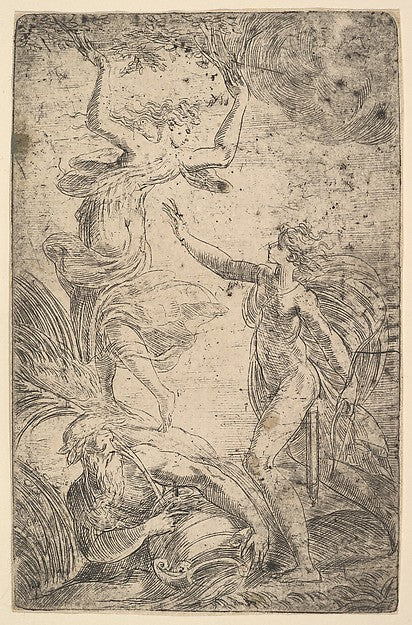 Apollo at right holding a bow chasing Daphne at the left c1538, Poster Print