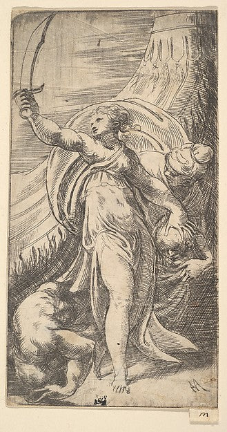 Judith her sword raised in her right hand placing the head of, Poster Print