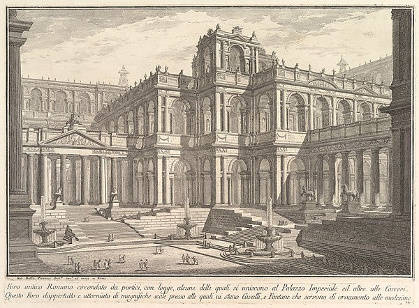 Ancient Roman forum surrounded by porticoes with loggias som, Poster Print Wall Art