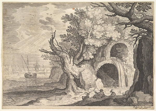 Ruined aqueduct with water spilling from it to a stream below , Poster Print Wall Art