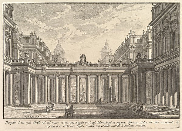 View of a courtyard with a loggia fountains statues and oth, Poster Print Wall Art