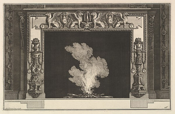 Chimneypiece - Affronted griffons on the lintel and candelabra, Poster Print Wall Art