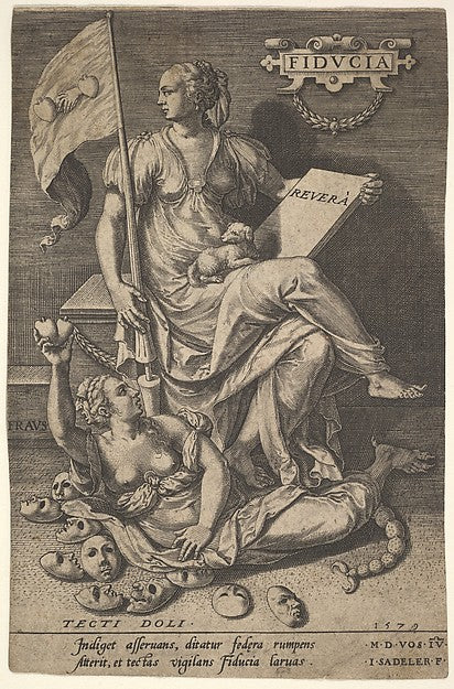 Fiducia a seated woman holds a book and banner while turning , Poster Print Wall Art