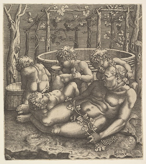 Silenus reclining before wine vats he grasps a grapevine and , Poster Print Wall Art