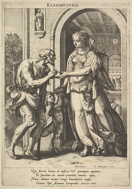 Alms-giving - a woman with pearl headdress and halo hands bread, Poster Print Wall Art